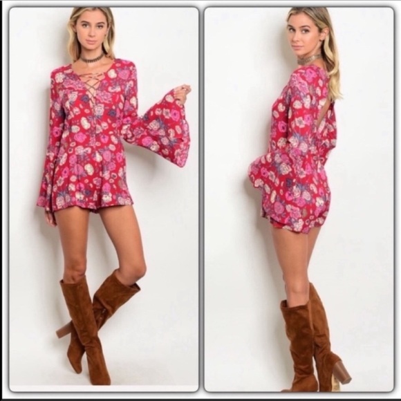 Trindy Clozet Boutique Pants - Floral Pink Caged Neck and Bell Sleeve Romper